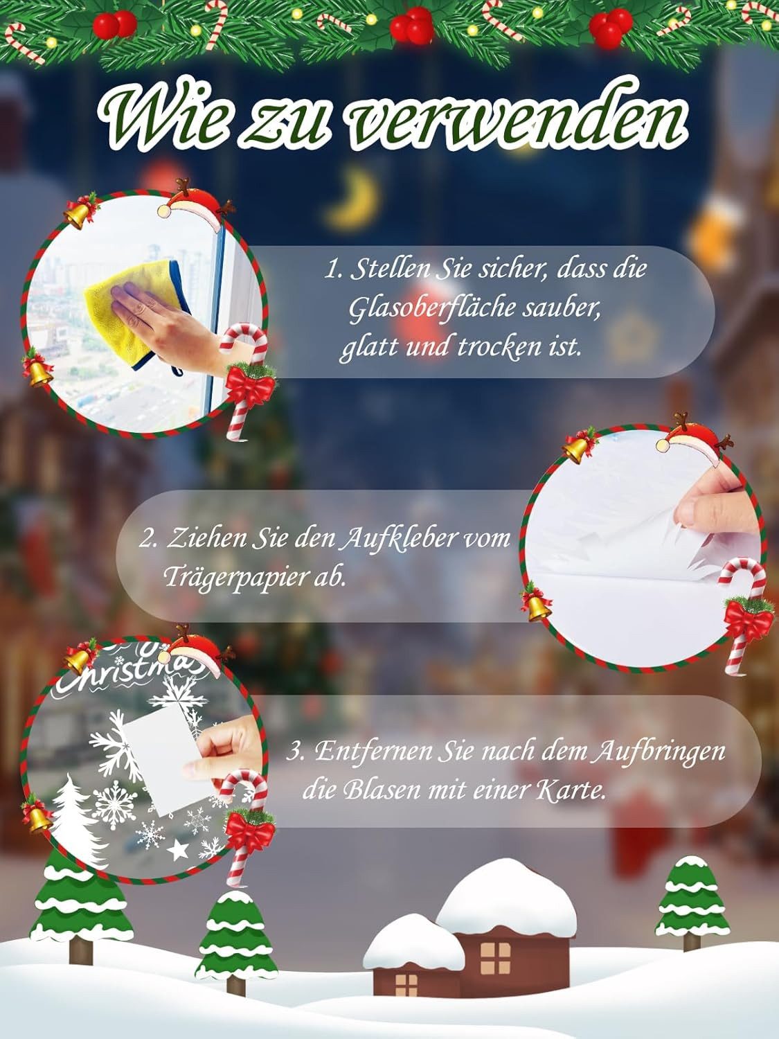 Stelby Fensterdekoration Fenstersticker Weihnachten, 230-teilig, Wintermotive, statisch haftend, wiederverwendbar, PVC Fensterfolie für Fenster & Türen – Bild 4 von 5