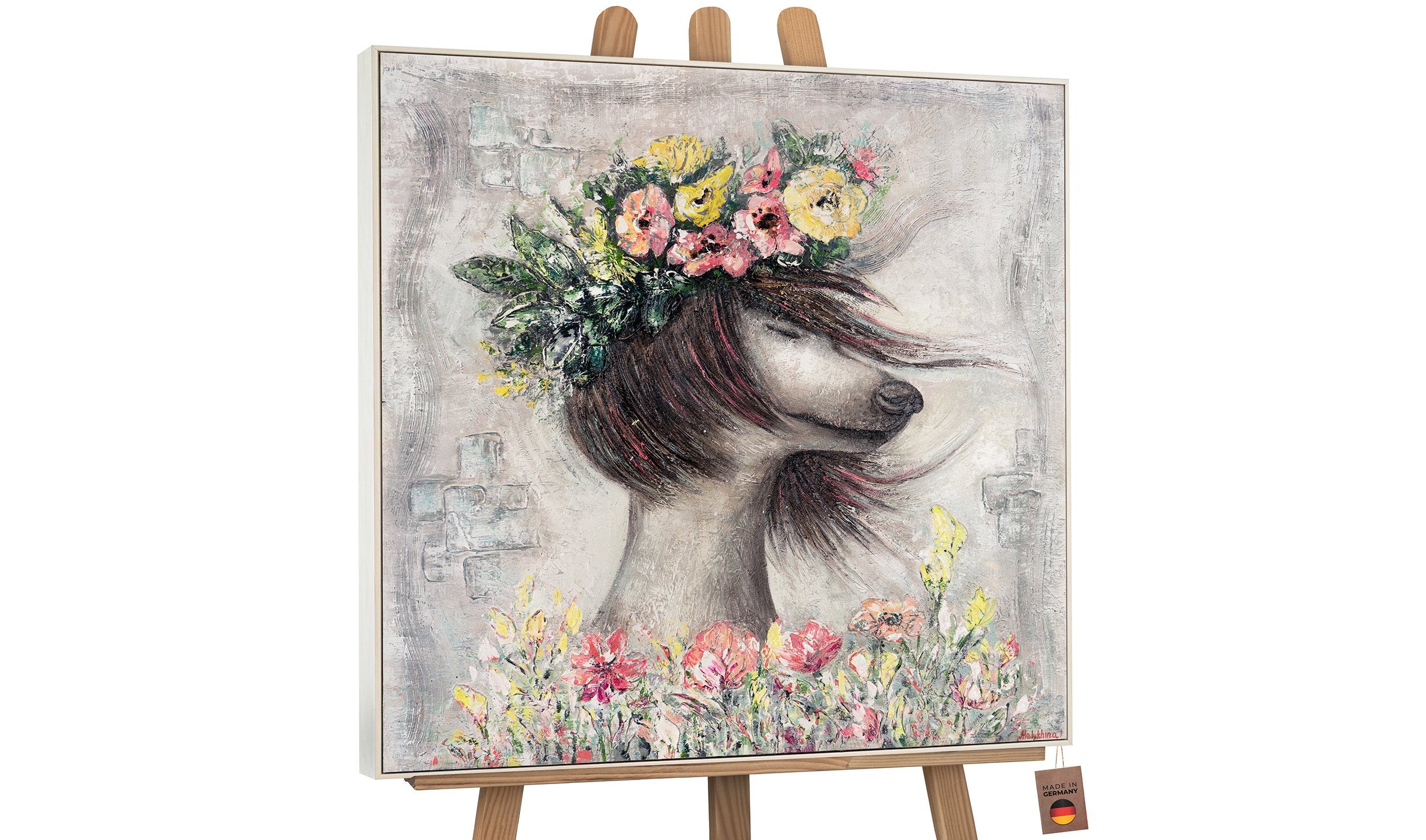 Blumen in Gemälde Bunt Beige Leinwand Vintage Rahmen Mit Bild Collie Tierbilder, Leichtigkeit, Handgemalt YS-Art