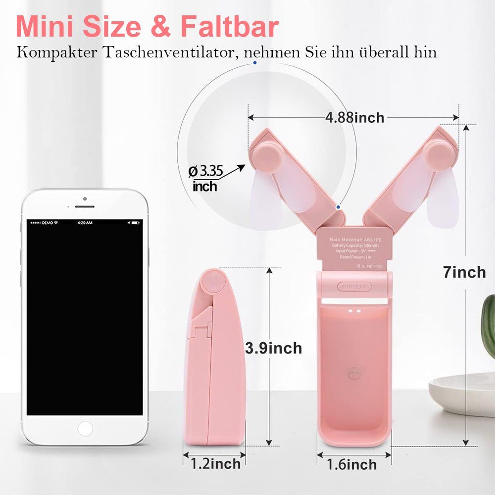 wiederaufladbarer USB-Ventilator Rosa Tragbarer Mini-Taschenventilator, MOUTEN mit Heizkörperventilator