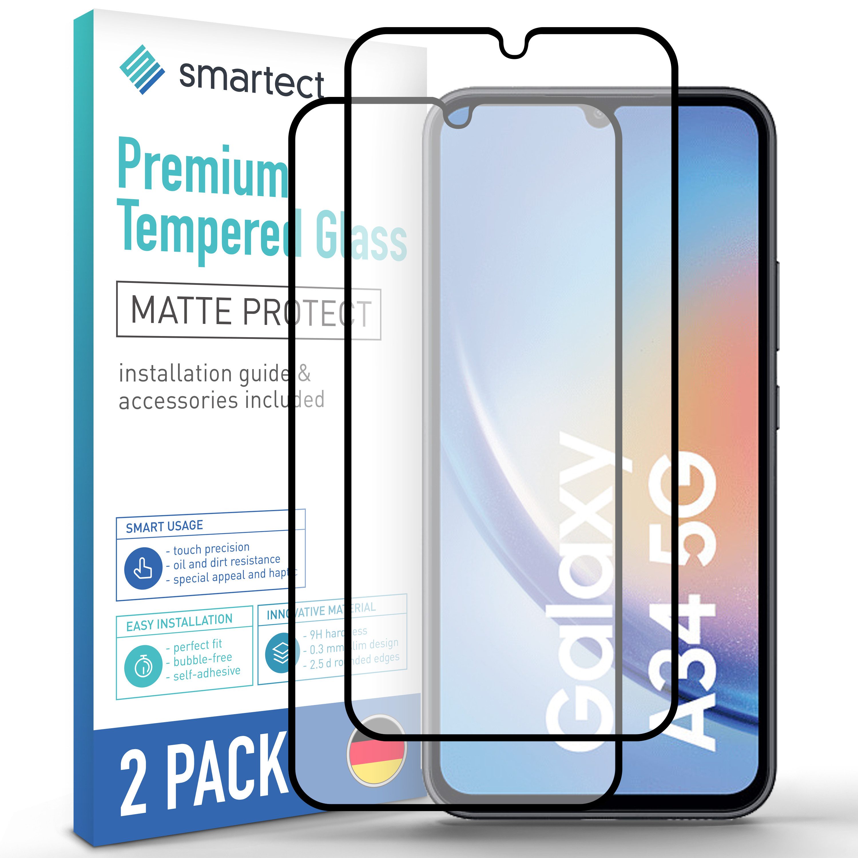 smartect Displayschutzglas 2X Schutzglas Panzerfolie Full Screen Matt für Samsung Galaxy A34 5G für Samsung Galaxy A34 5G, Set, 2 Stück, Entspiegelt, 9H Härte, Kratzfest, Stoßfest, Blasenfrei, Oleophob
