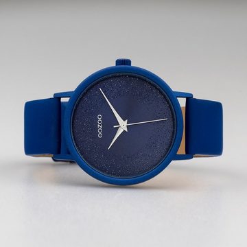 OOZOO Quarzuhr Oozoo Damen Armbanduhr blau, Damenuhr rund, groß (ca. 40mm) Lederarmband, Fashion-Style