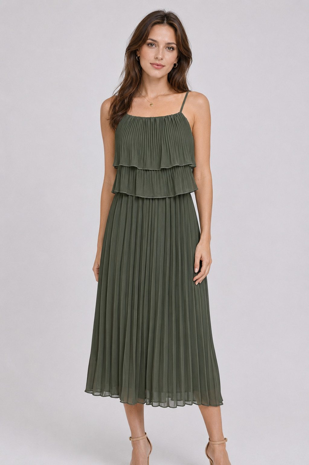 ITALY VIBES Plisseekleid - Maxi-Kleid Damen - langes Abendkleid mit Spaghettiträgern ONE SIZE - passend für Größen S-L