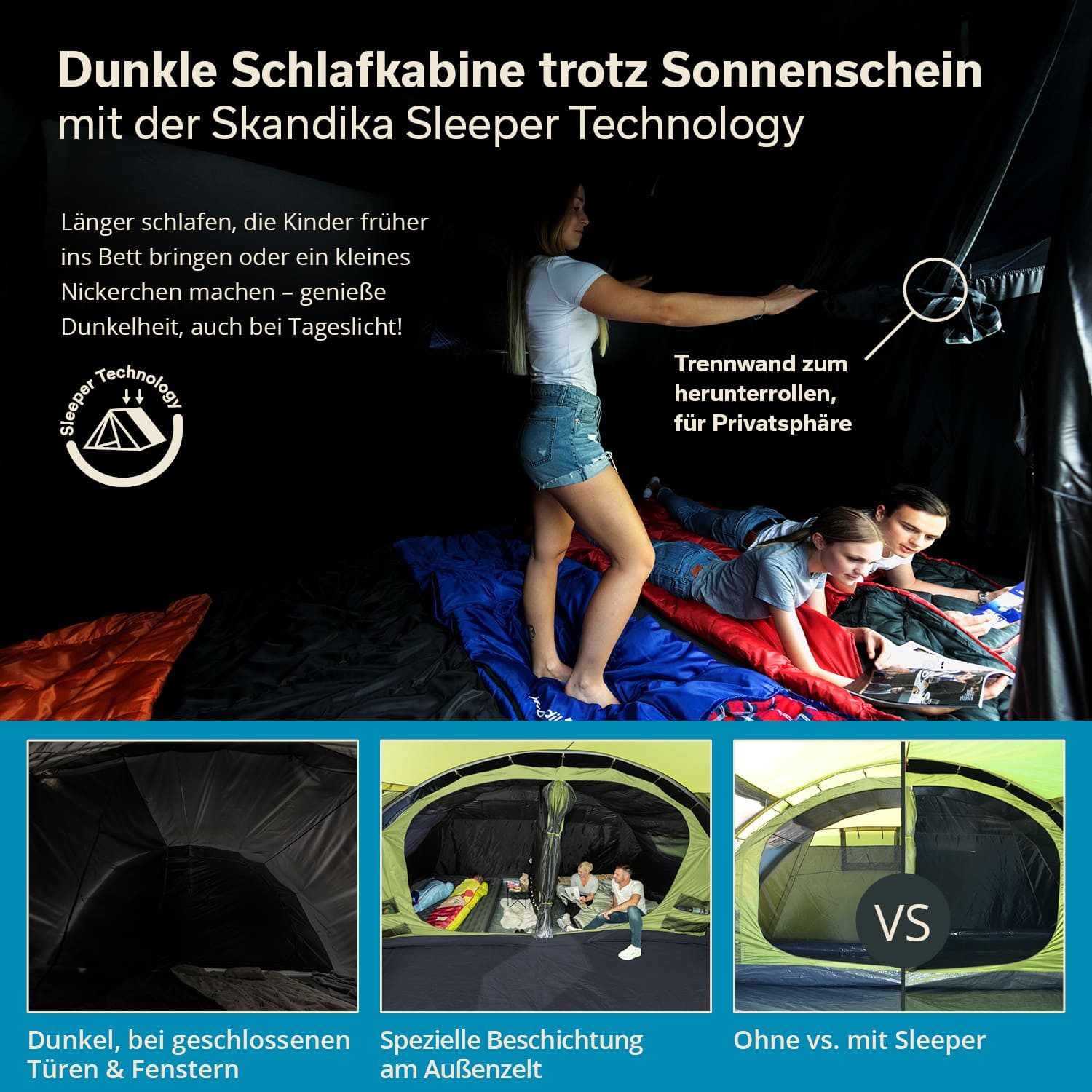 Skandika Tunnelzelt Gotland 6 Sleeper Protect Campingzelt, Personen: 6, mit nachtschwarzer, teilbarer Schlafkabine, eingenähter Zeltboden