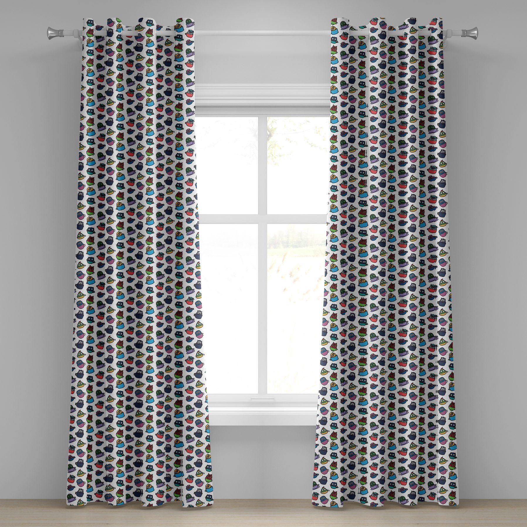 Gardine Eulen Kaffeetasse Dekorative Eule in Lustige Schlafzimmer Wohnzimmer, 2-Panel-Fenstervorhänge für Abakuhaus,