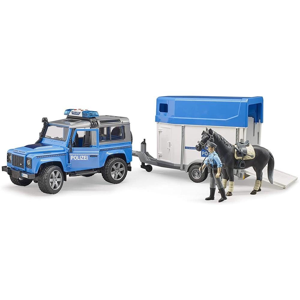 Bruder® Toy Police Land Rover Defender, Police Vehicle with Horse Trailer, Horse and Police Officer, Blue/White