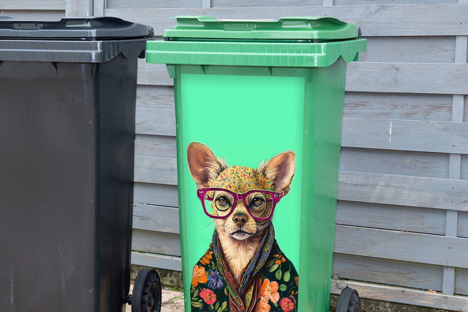 Sticker, Tier Wandsticker Blumen Hund St), Mülltonne, - Mülleimer-aufkleber, - - Container, Chihuahua Abfalbehälter MuchoWow Brille (1 -
