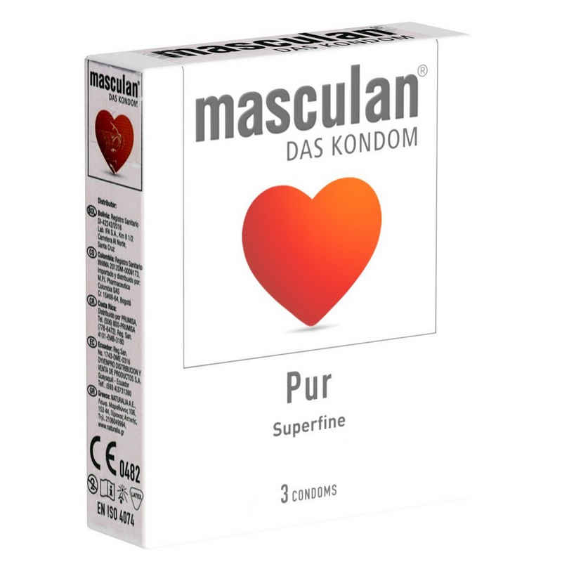 Masculan Kondome Pur (superfine) Packung mit, 3 St., gefühlsechte Qualitätskondome für natürliche Nähe, kristallklare, superdünne Kondome