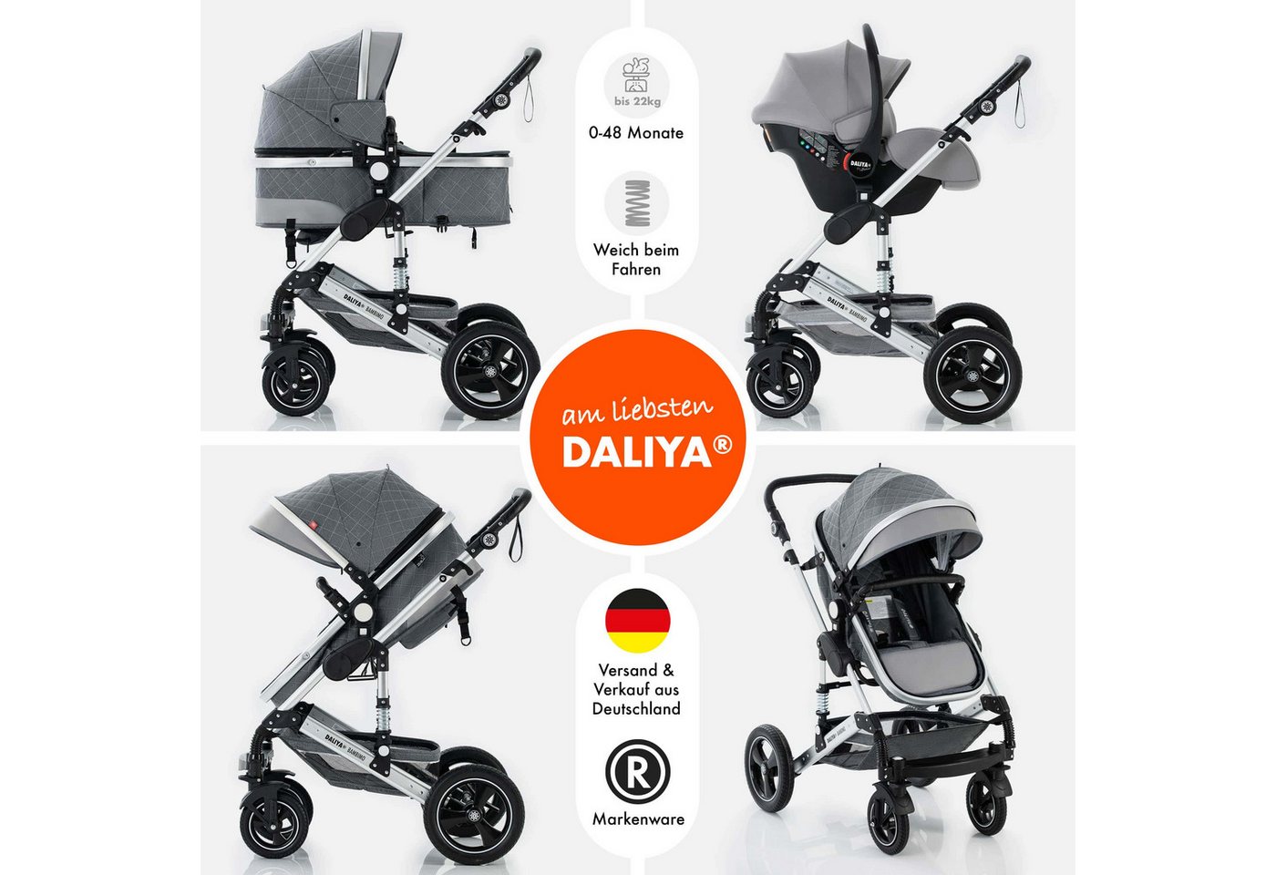 Thumbnail - Daliya® Kombi-Kinderwagen BAMBIMO 3in1 Kinderwagen & Buggy mit Auto-Babyschale und Adapter, (XXL-Set inkl. Wickeltasche ...