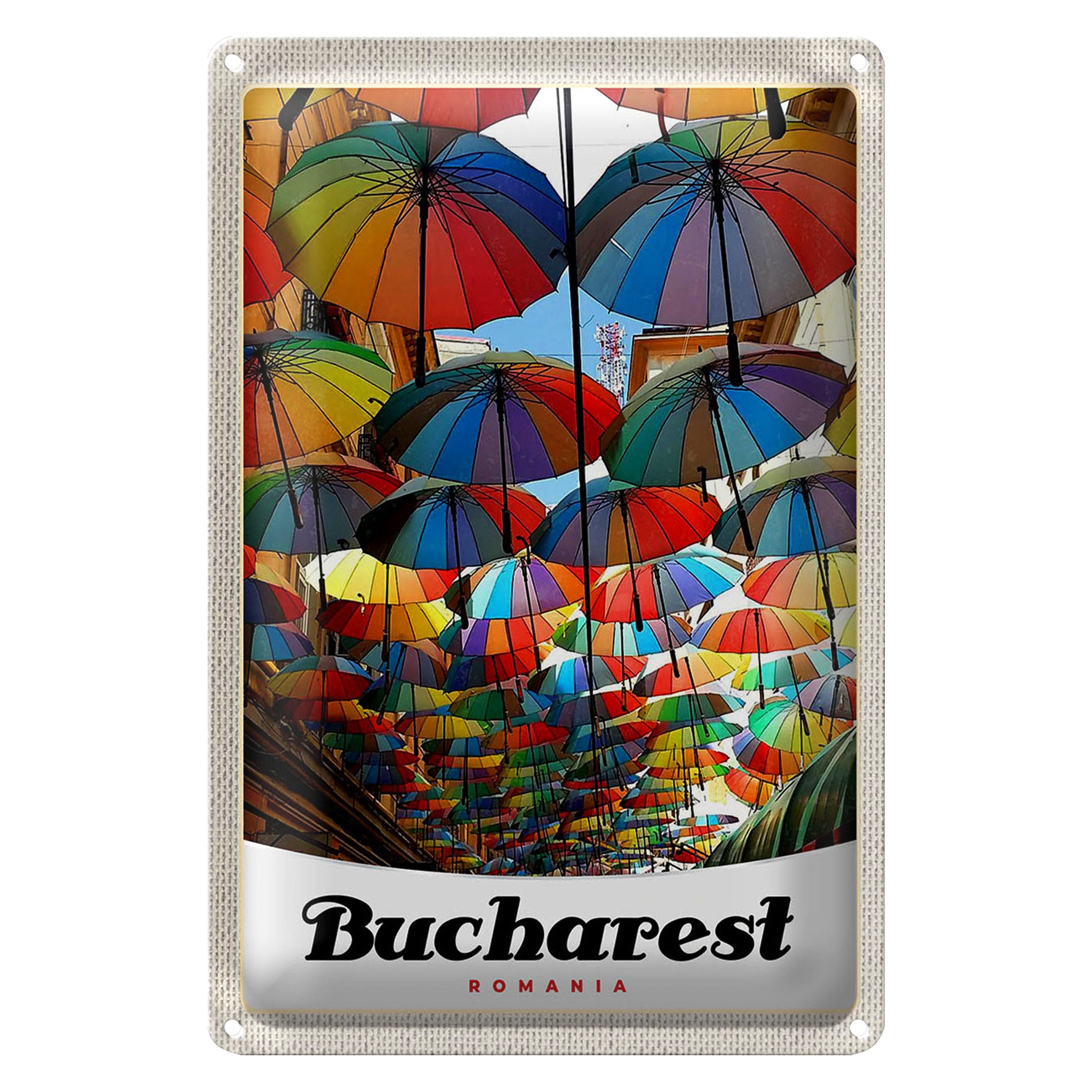 Roomando Metallschild Reise 12x18cm Bukarest Rumänien Regenschirm bunt