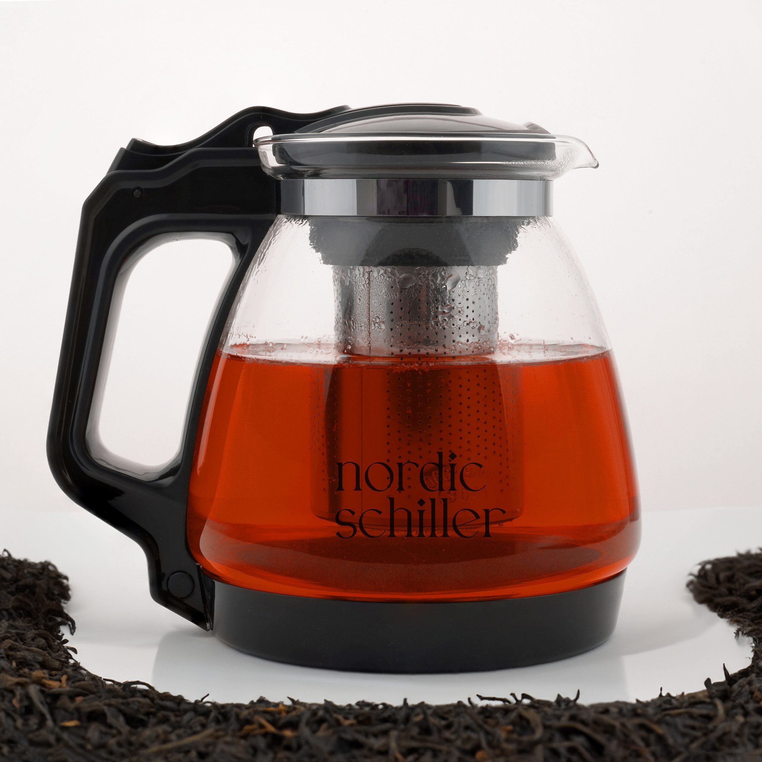 Nordic Schiller Teekanne Premium Teekanne Glas, Hitzebeständig Glaskanne mit Siebeinsatz, 1.7 l, Hitzebeständig Glaskanne mit Deckel, geeignet für Spülmaschine