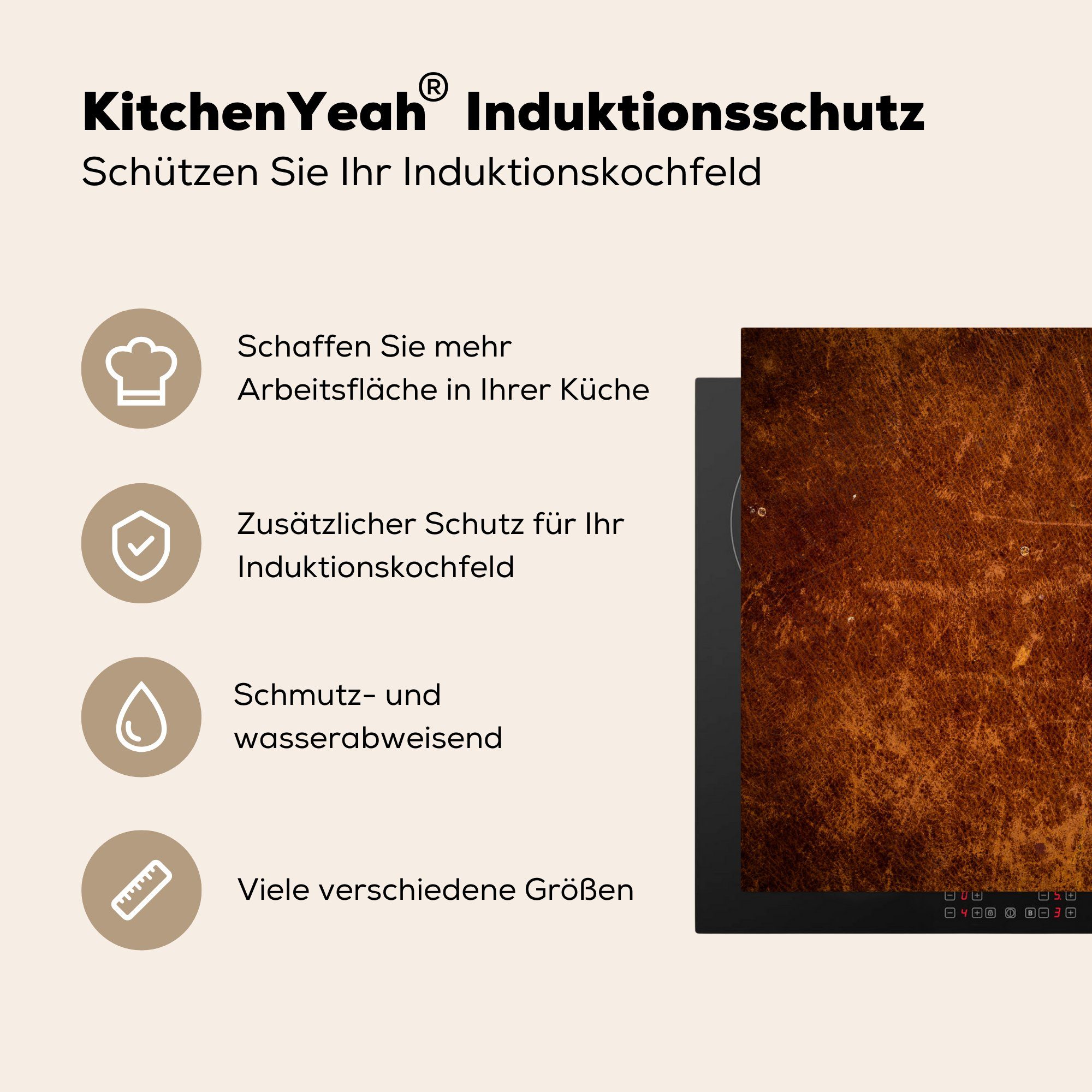 MuchoWow Herdblende-/Abdeckplatte Vinyl, Induktionsherd, Küchen Dekoration - Lederoptik Braun Leder für - - (1 cm, tlg), Orange, Induktionskochfeld 58x51