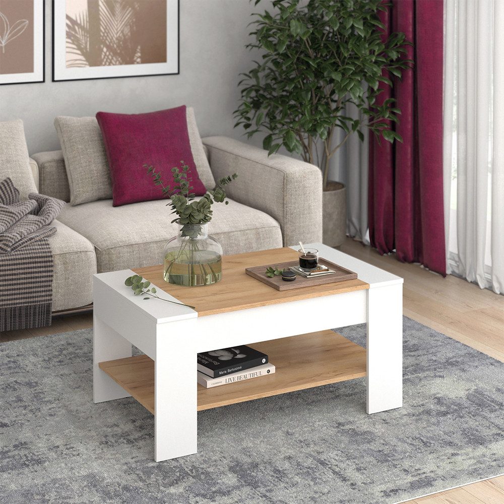 Vicco Couchtisch August, Goldkraft Eiche/Weiß, 99.6 x 58.8 cm mit Schublade günstig online kaufen