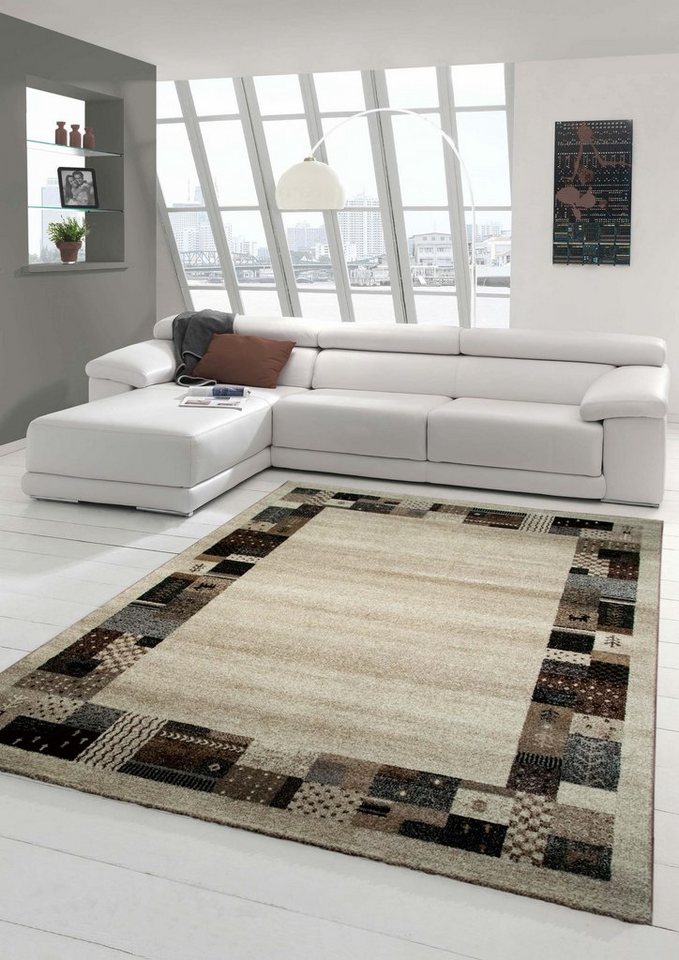 Teppich Designer Teppich Moderner Teppich Wohnzimmer Teppich mit Bordüre  Design Multicolour in Braun Beige Creme Türkis, Teppich-Traum, rechteckig,  Höhe: 13 mm