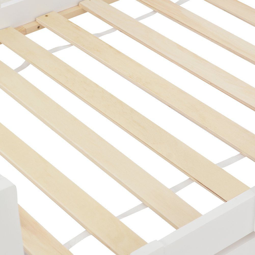Kinderbett (Hausbett 90 x 200 cm), mit Schornstein, Rausfallschutz und Lattenrost, aus Kiefernholz