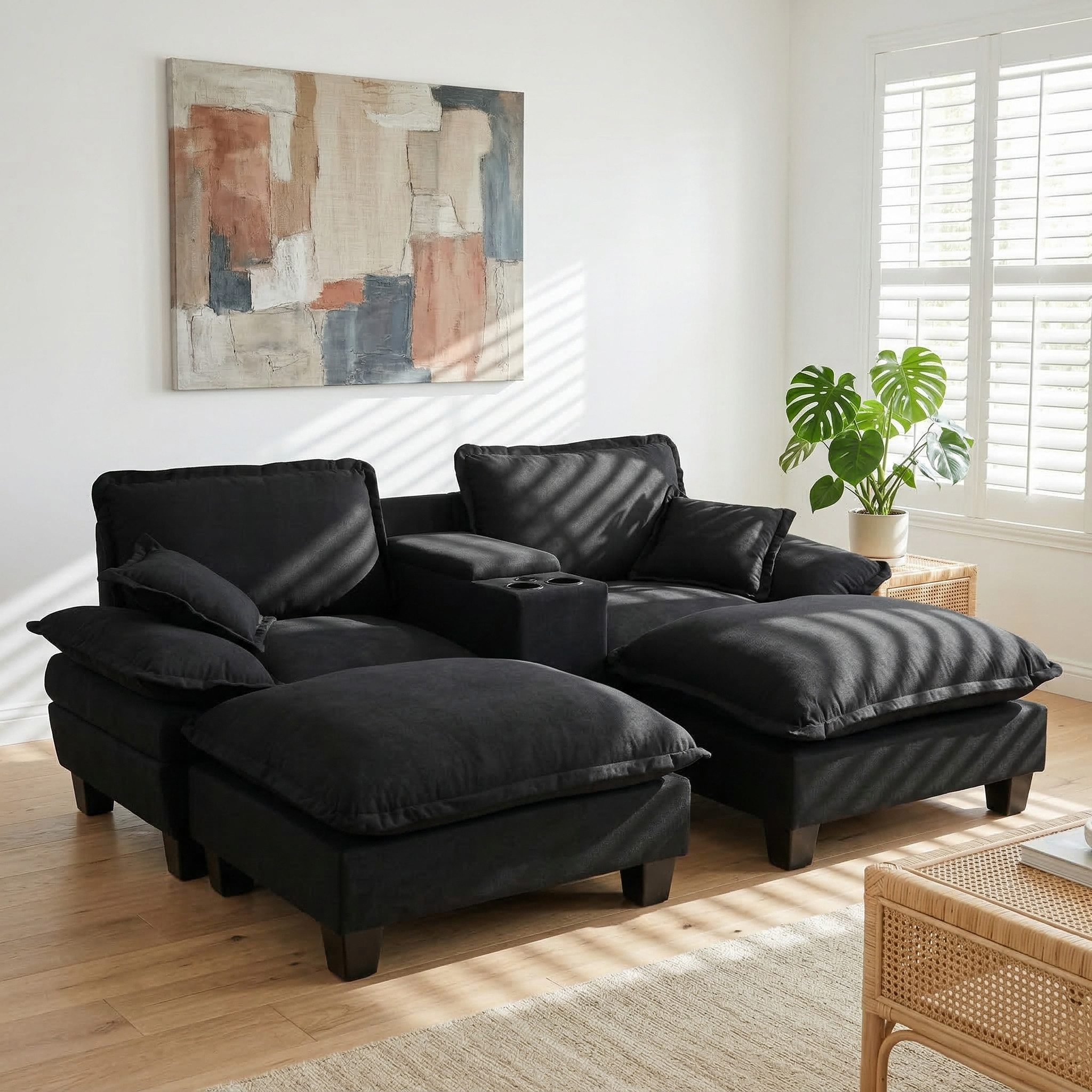 Odikalo Ecksofa Loungesofa Gartensofa sofas wohnzimmer 2-Sitzer mit Schlaffunktion, Modulare Cloud-Couch, Segelboot-Sofa mit Getränkehaltern & Stauraum, USB-Anschluss, 2 Ottomanen & 2 Kissen, Chenille-Bezug für Apartments & Wohnzimmer, Schwarz