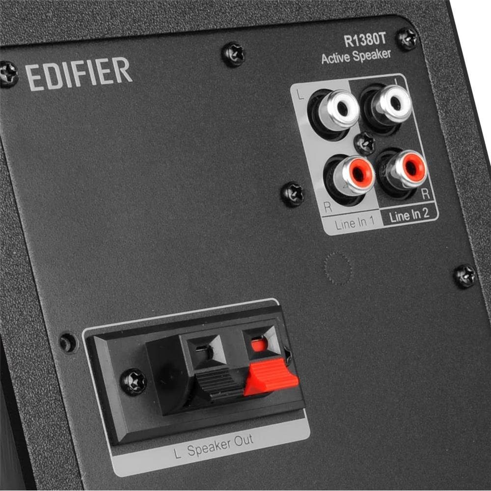 Edifier® R1380T 2.0 Regal-Lautsprecher (42 für Infrarot-Fernbedienung, Bedienelemente Echtholzgehäuse IN Anschlüsse, Bässe, W, Zwei Höhen und LINE seitliche (MDF), Lautstärke) Schwarz