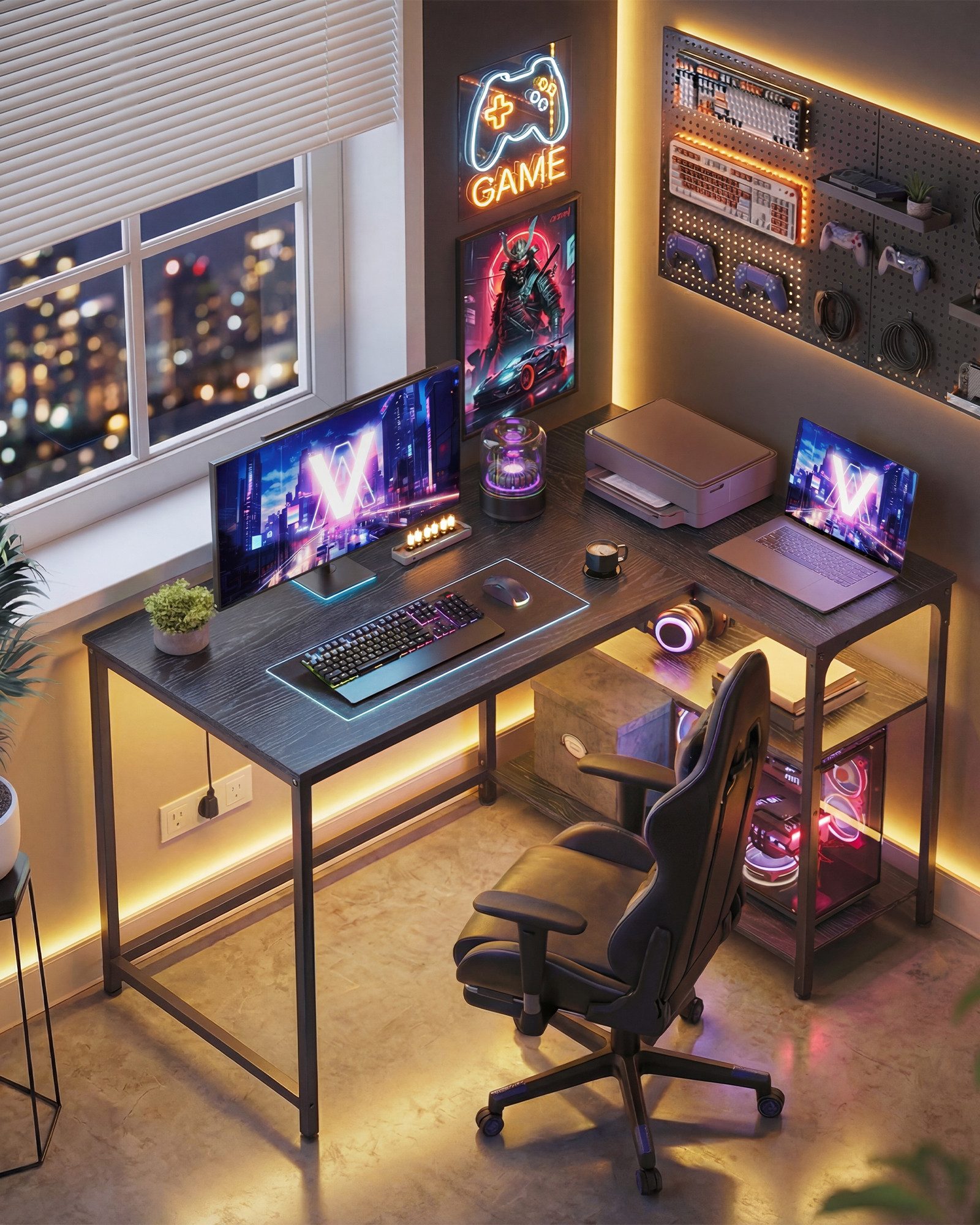 VASAGLE Schreibtisch Eckschreibtisch in L-Form, Computertisch mit Stauraum, Bürotisch, höhenverstellbare Ablage, für Homeoffice, 110/120 cm