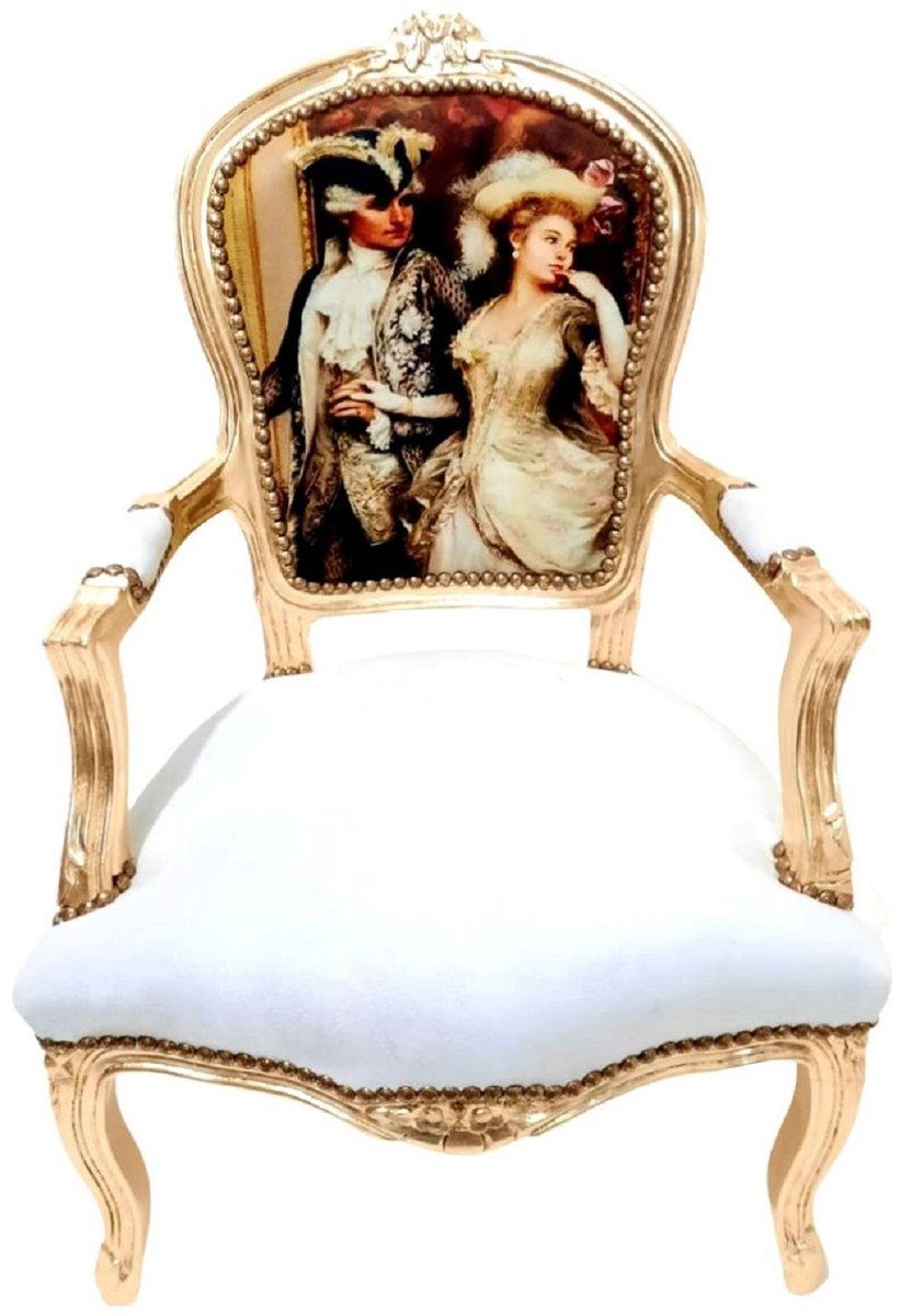 Casa Padrino Besucherstuhl Barock Salon Stuhl Dame & Lord Weiß / Gold - Handgefertigter Antik Stil Stuhl mit Armlehnen - Möbel im Barockstil