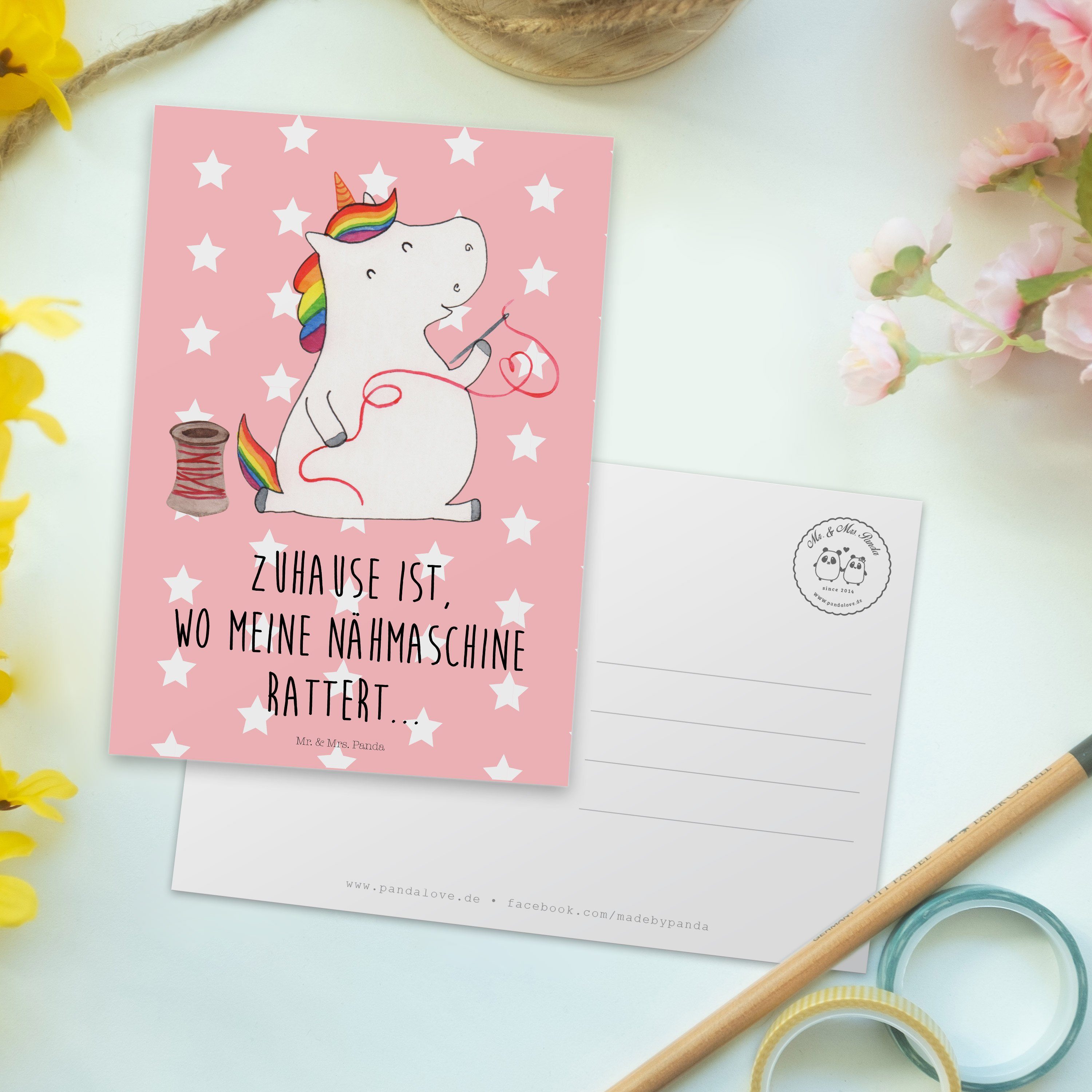 Näherin Pastell Mr. - Einhorn & Geschenk, N - Mrs. Pegasus, Rot Panda Postkarte Einladungskarte,