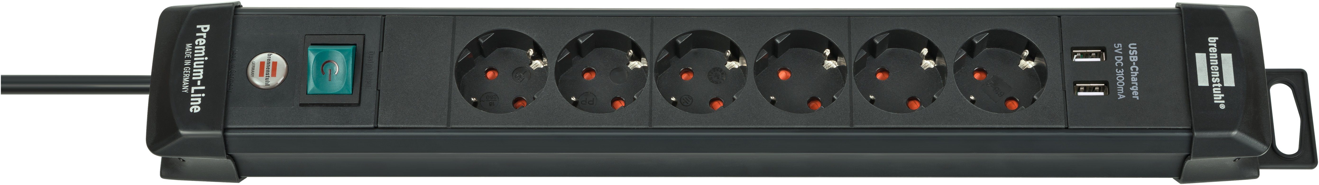 Premium-Line Steckdosenleiste 2-fach USB 6-fach m), Aufhänge-Vorrichtung, (Kabellänge mit 3 Brennenstuhl Schalter,