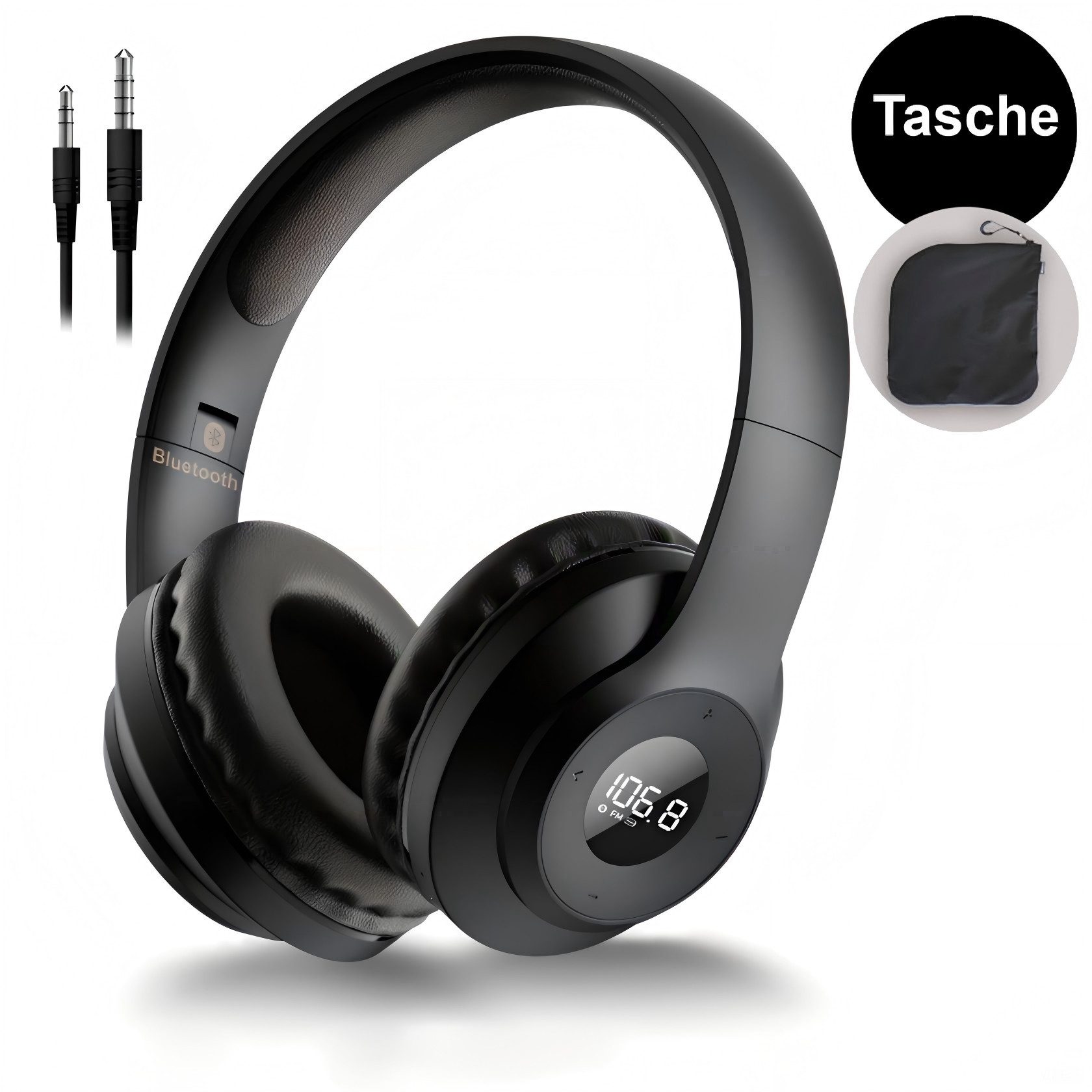 Toomoke Bluetooth Kopfhörer, Kabelgebundene Kopfhörer,Wiederaufladbare Over-Ear-Kopfhörer (Geeignet für Meetings, Arbeit, Wandern,Joggen, kabelgebunden Verbindung, Faltbar,Tragbare,FM-Radio-Kopfhörer,LED-Display,Audiokabel)