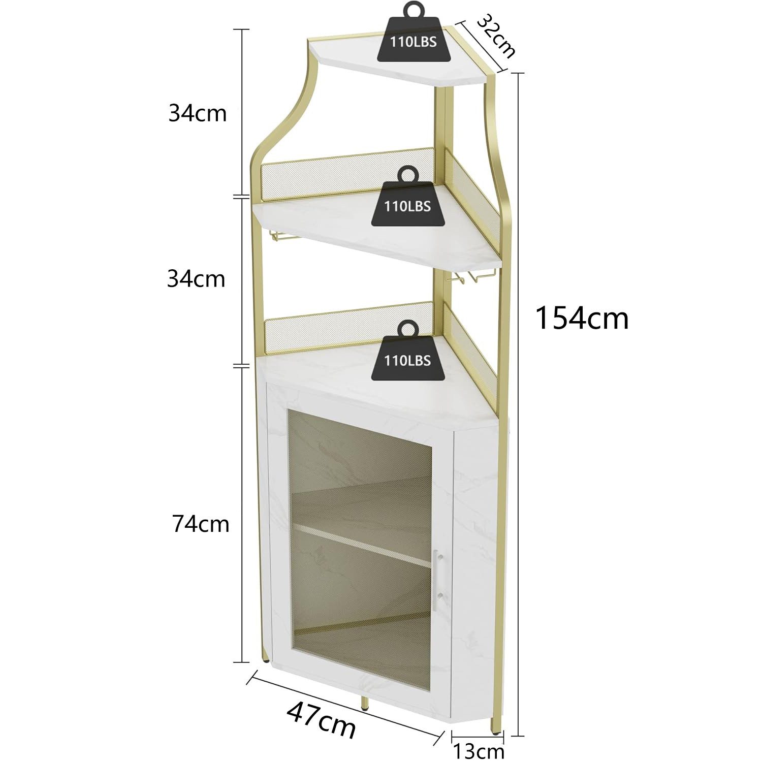 GarveeMore Eckschrank 5-stöckiges mit Glasständer und verstellbaren Regalen,47x32x154cm industrielles Eckschrank,Weinschrank mit Türen aus Metallgitter fürbar