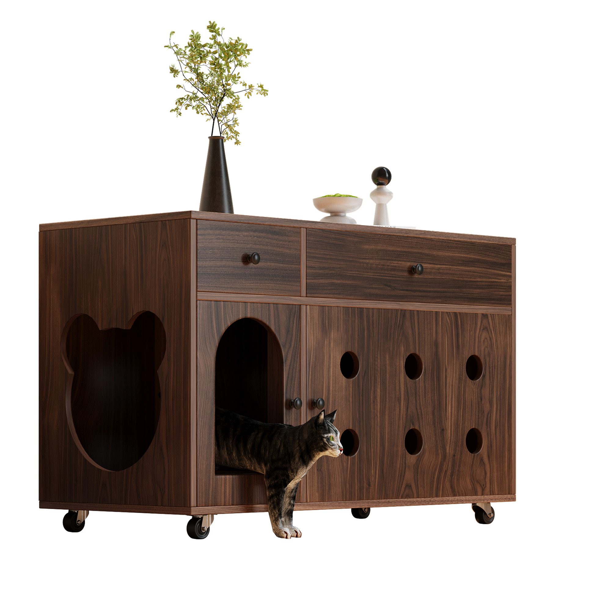 Yorbay Mehrzweckschrank Katzentoilettenschrank mit Rollen verstecktes Katzenklo Möbel mit Stauraum geruchsarm Design Sideboard