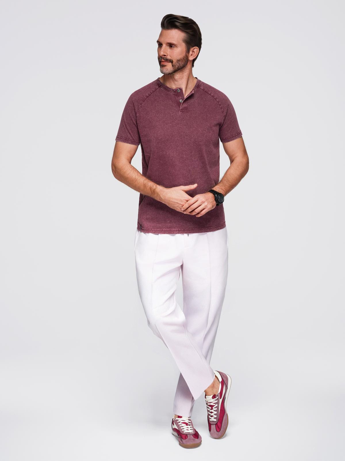 OMBRE T-Shirt T-Shirt mit Wascheffekt und Knöpfen am Ausschnitt