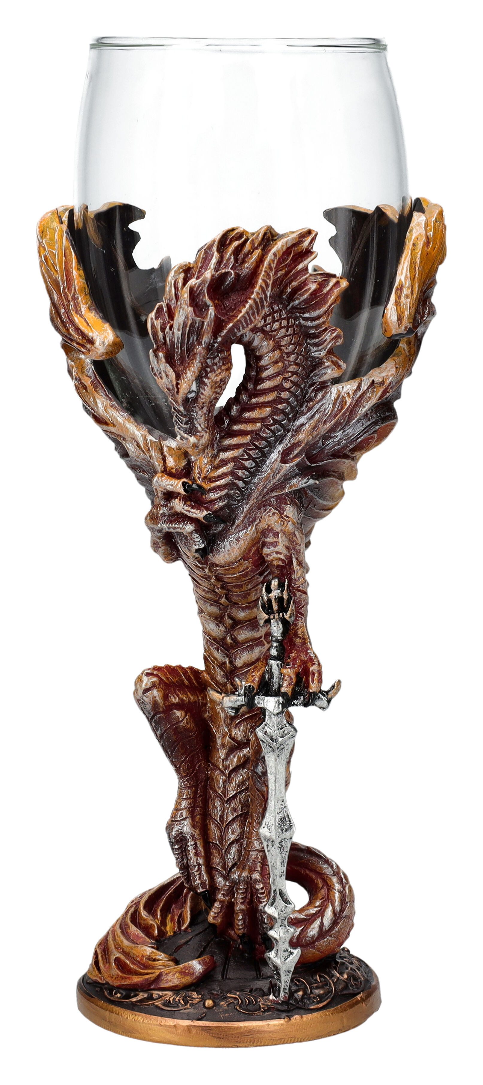 Figuren Shop GmbH Becher Glas Kelch Drache - Flame Blade - Fantasy Dekoration Drachenfigur Deko, Kunststein (Polyresin), Glas