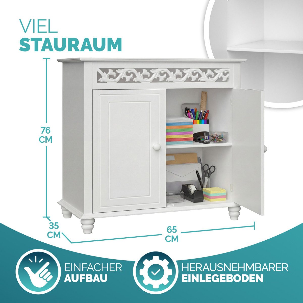 Casaria Kommode Jersey, Landhausstil Weiß Holz Vintage Schrank Verzierung Sideboard 76x65x35cm