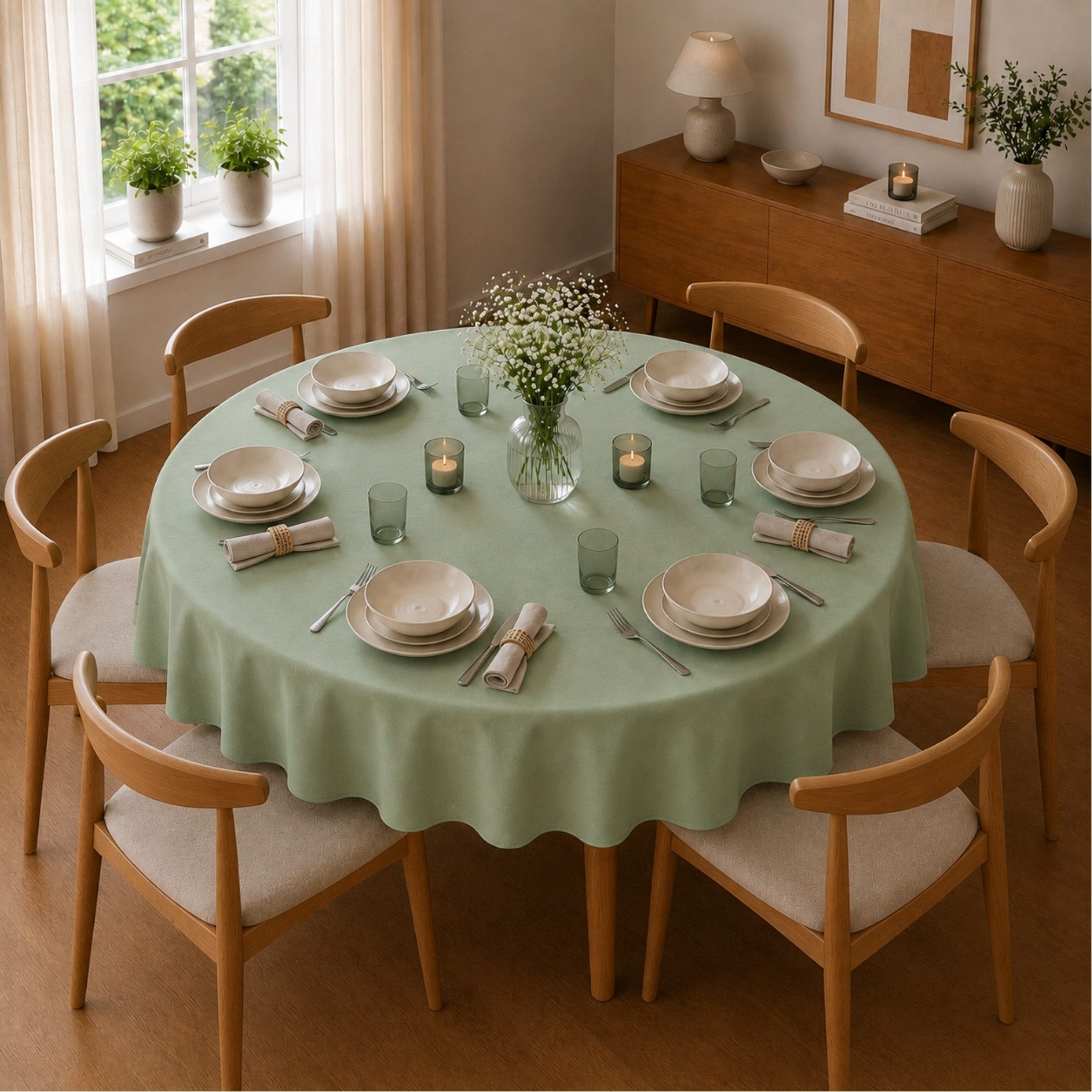 matches21 HOME & HOBBY Tischdecke Tischdecke Ø 135 cm für Küche & Esstisch in Hellgrün (1-tlg), Waschbares Tischtuch mit Lotuseffekt