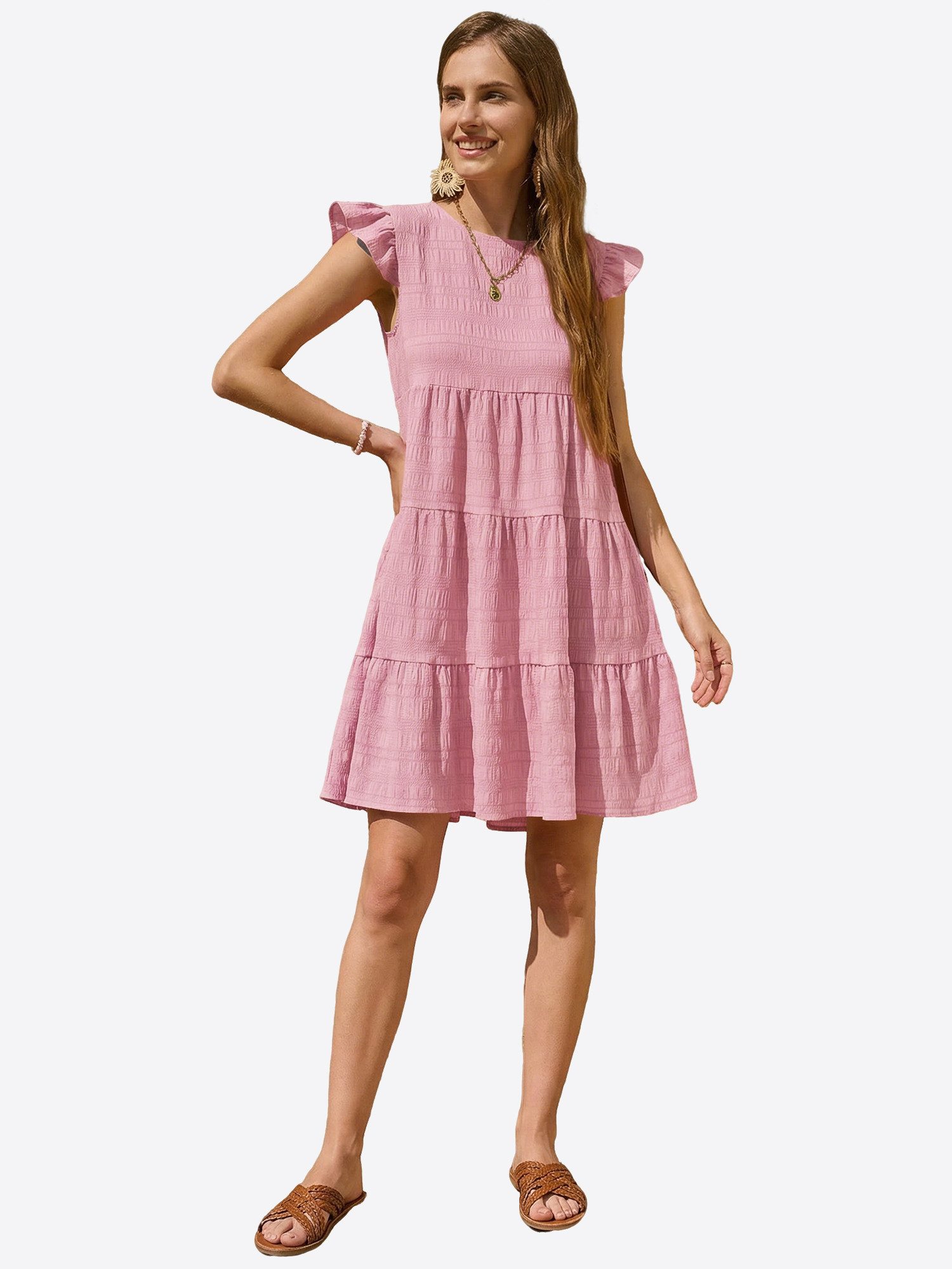 Imily Bela Babydollkleid Damen Lockeres Minikleid mit Rüschen Besatzung (Packung, 1-tlg., 1per-Pack) in Unifarbe