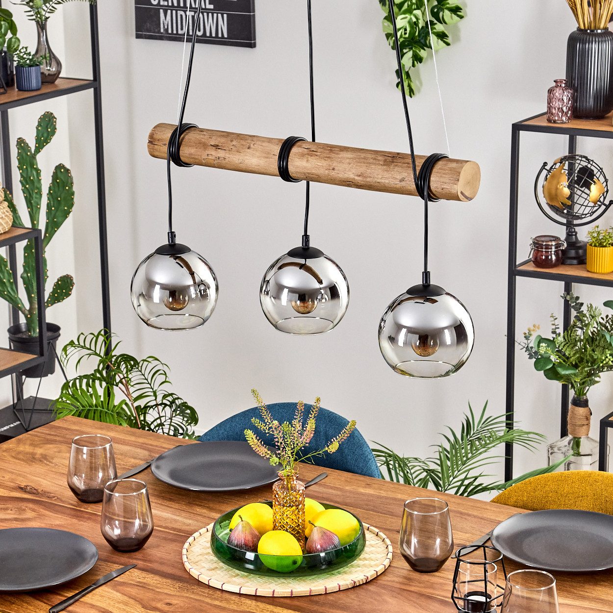 hofstein Pendelleuchte Hängelampe aus Metall/Holz/Glas in Schwarz/Natur/Chrom/Rauch/Klar, ohne Leuchtmittel, Hängeleuchte im Boho-Design mit Glasschirmen und Holzbalken, 3 x E27