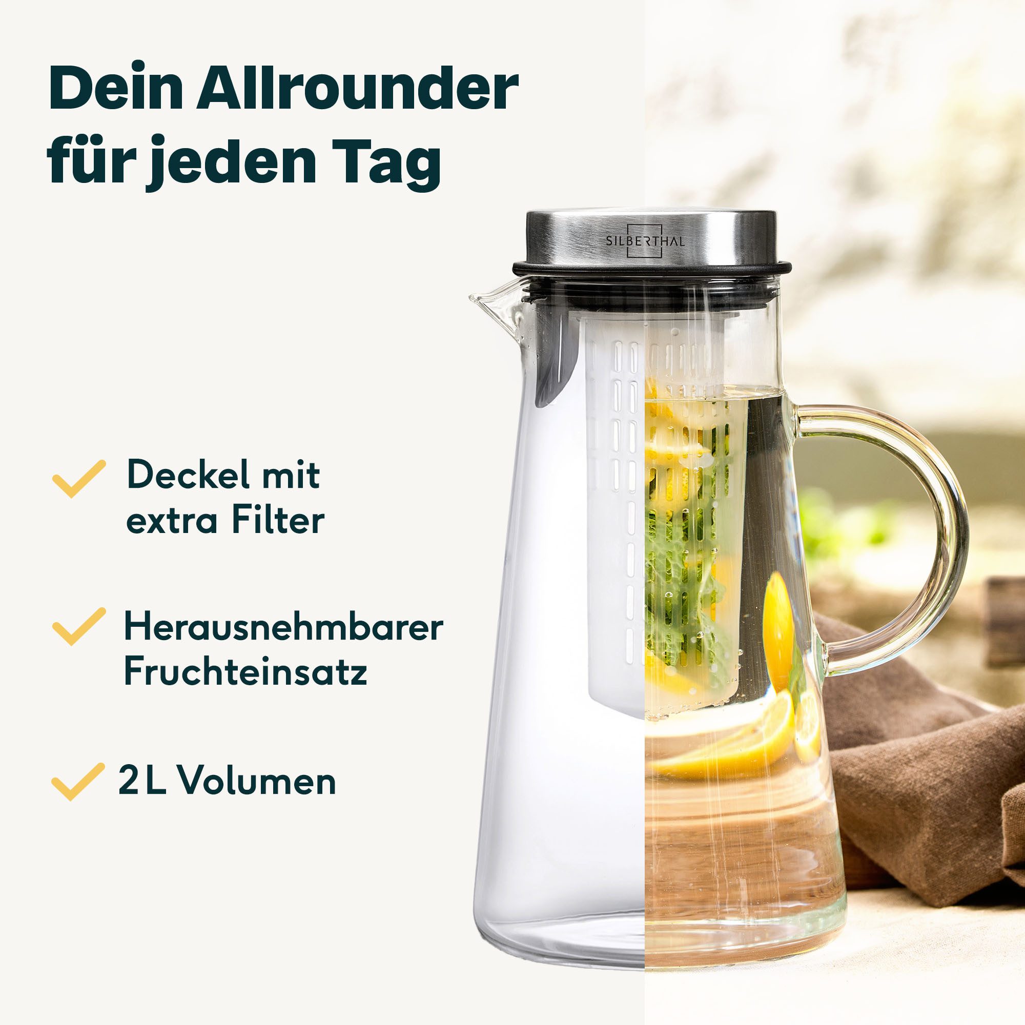 SILBERTHAL Wasserkaraffe Glas mit Deckel 2er Set 2 Liter mit Fruchtsieb & Deckel, (2-tlg), für Kalt- & Heißgetränke