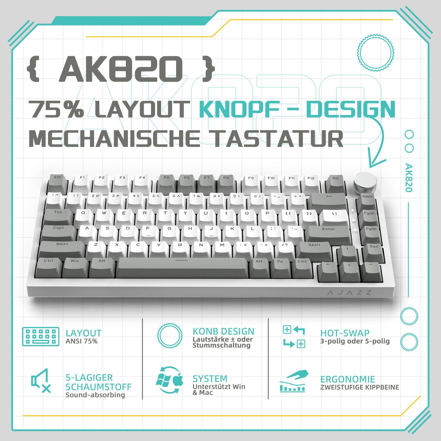 AJAZZ AK820 Mechanische Tastatur mit Knopf,75% ANSI-Layout Gaming-Tastatur (81 keys, improved seal assembly, hot-swap)