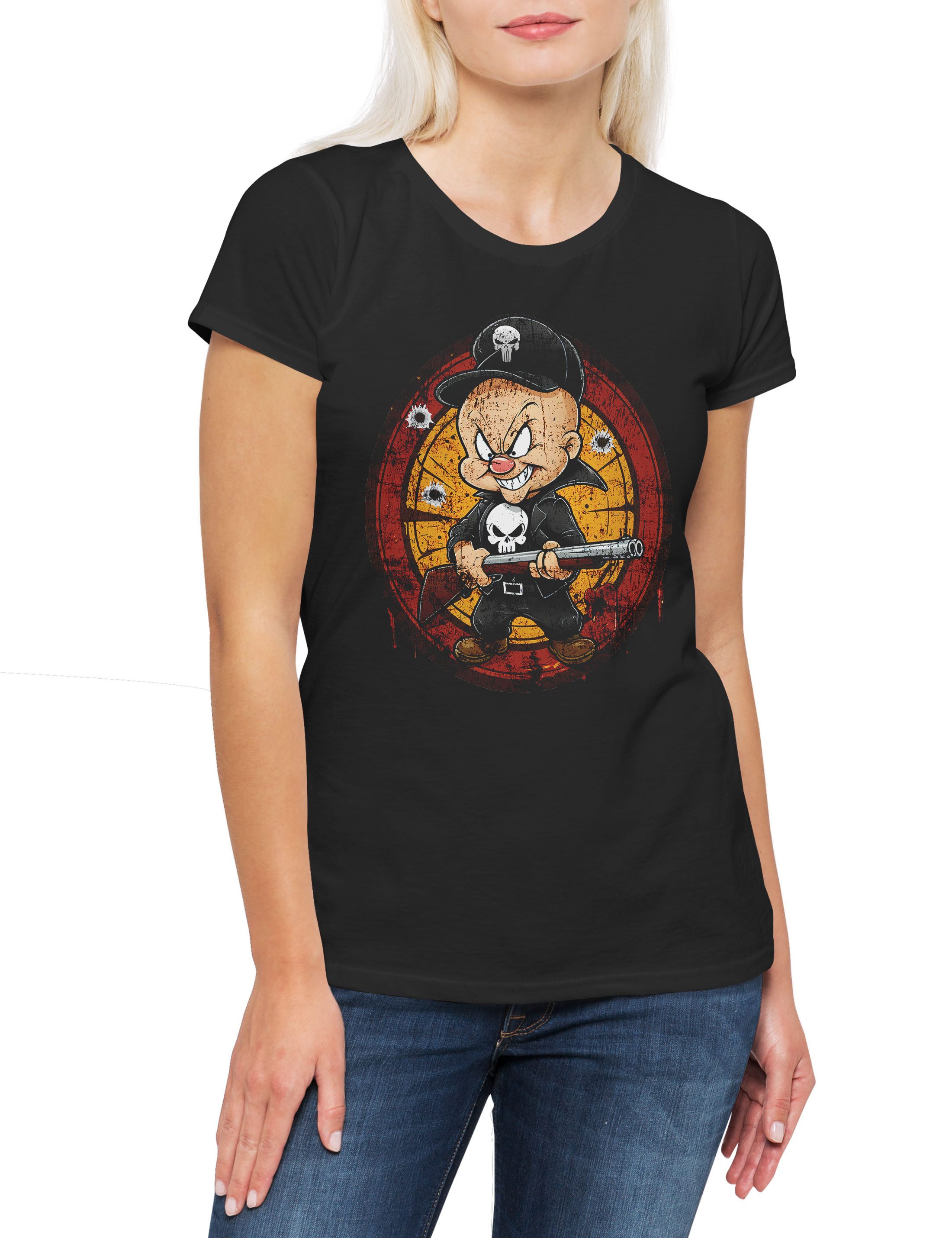 Print-Shirt Vigilante Fud Damen T-Shirt Skull Logo Toon Cartoon Comic Elmer