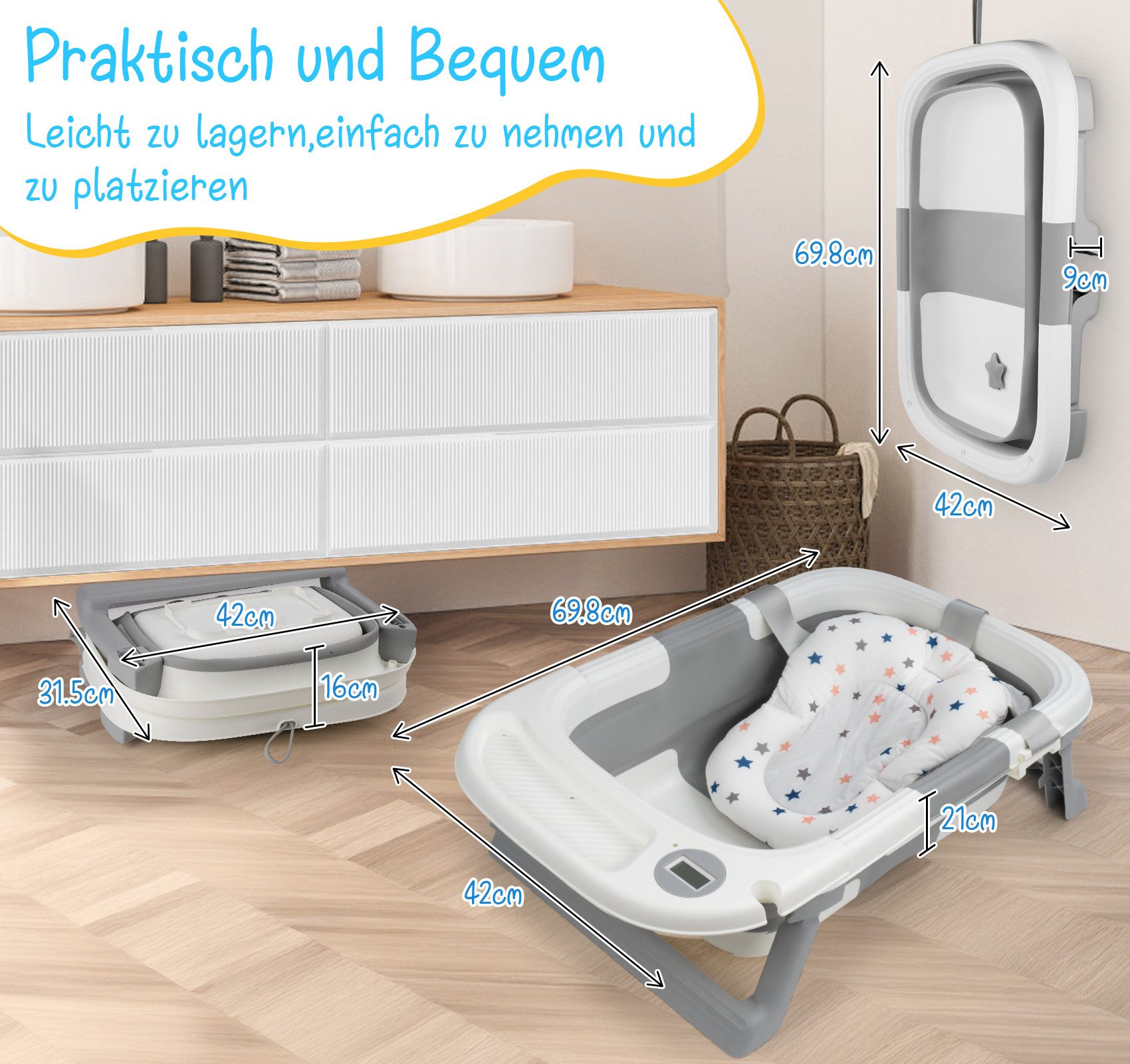 ElitVita Babybadewanne Babybadewanne faltbar mit Kissen & Pflegeset, (1-tlg), 1-tlg Babybadewanne mit Anti-Rutsch-Kissen – platzsparend & sicher