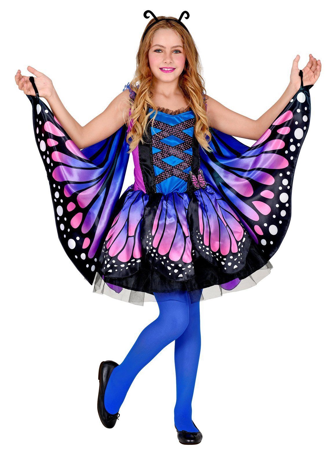 Widdmann Kostüm Schmetterling Kleid - Faschingskostüm Kinder, Lila-blaues Kostümkleid mit Stoff-Flügeln