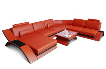 Sofa Dreams Wohnlandschaft Sofa Leder Calabria XXL U Form Ledersofa, Couch, mit LED Beleuchtung, USB Anschluss und Multifunktions-Console
