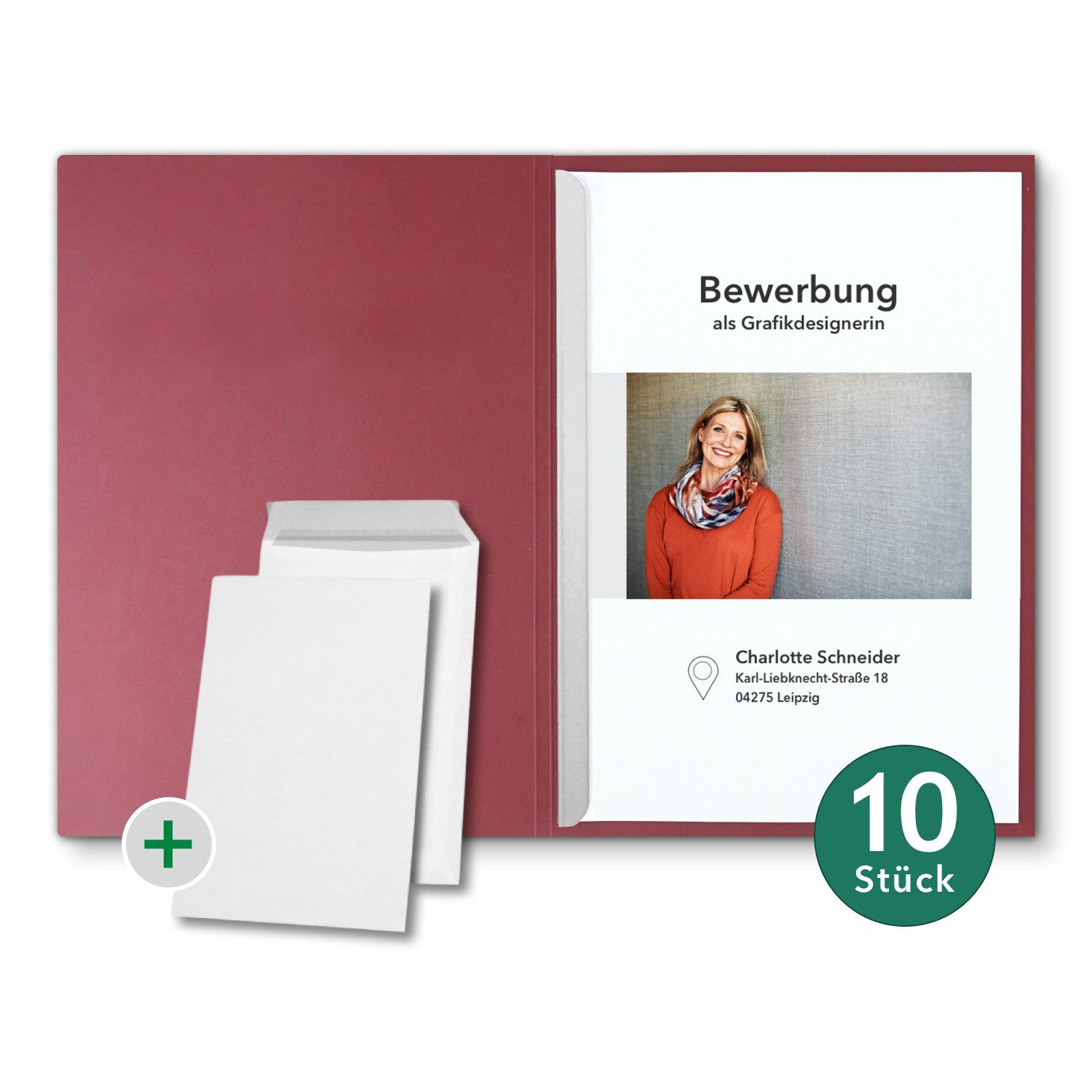 STRATAG Bewerbungsmappe Lederstruktur - 10 Stück 1-tlg mit 1 Klemmschiene & B4 Versandtaschen (Set, 10-St., mit hochwertiger Relief-Prägung BEWERBUNG), direkt vom Hersteller STRATAG - handgefertigt in Deutschland