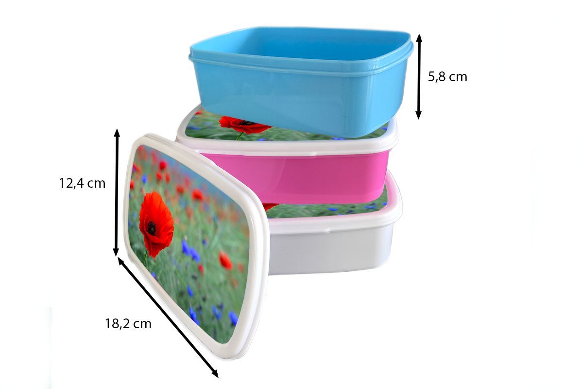 MuchoWow Lunchbox Lila und rote einer Mädchen für auf Brotdose, (2-tlg), Jungs Kunststoff, für und Wiese, Mohnblumen Kinder und weiß Erwachsene, Brotbox