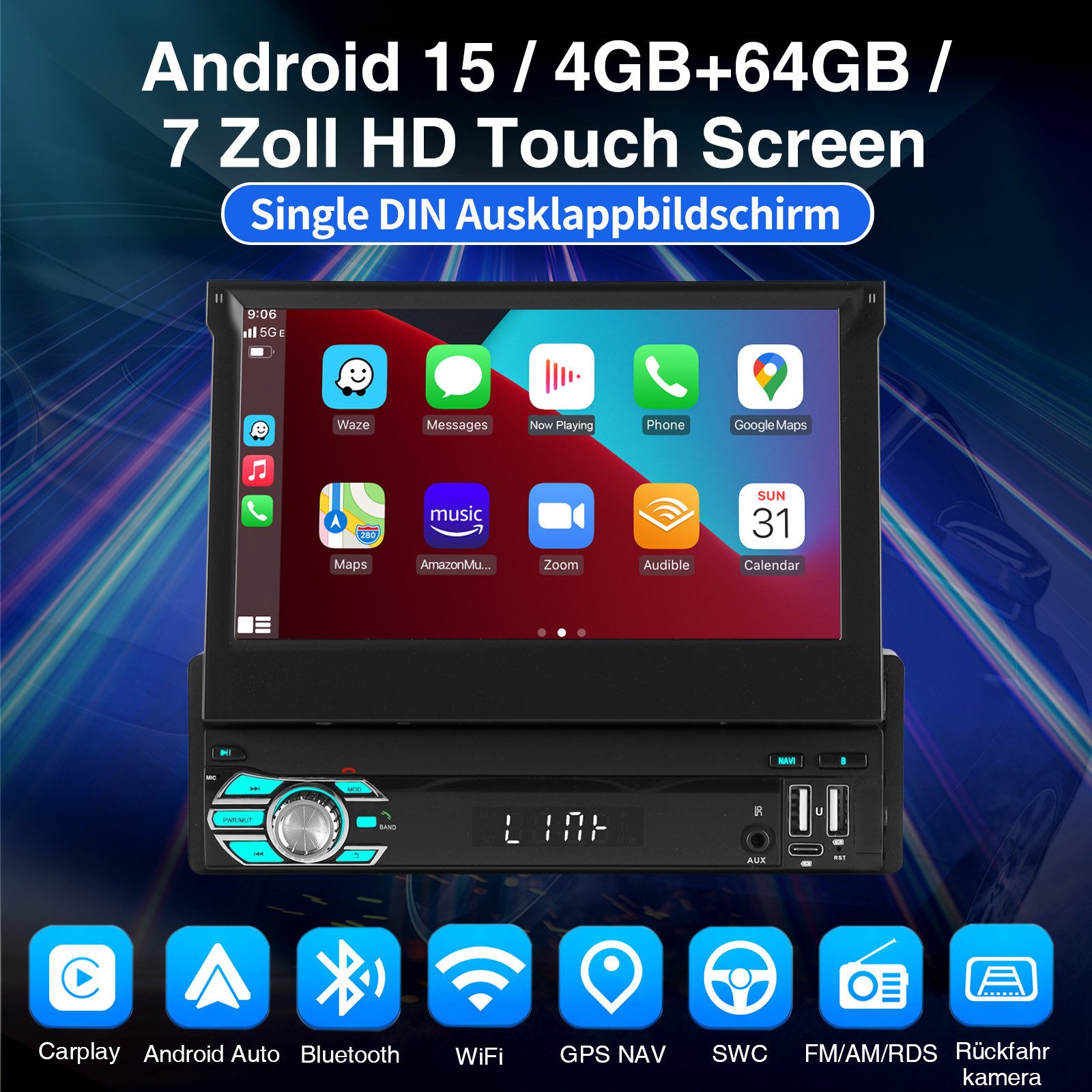 ESSGOO DAB+ 4+64G 1 DIN 7 Zoll Flip Out Android 15 Carplay Autoradio GPS WIFI Navigationsgerät (Apple Carplay Android Auto GPS Navi WIFI BT EQ)
