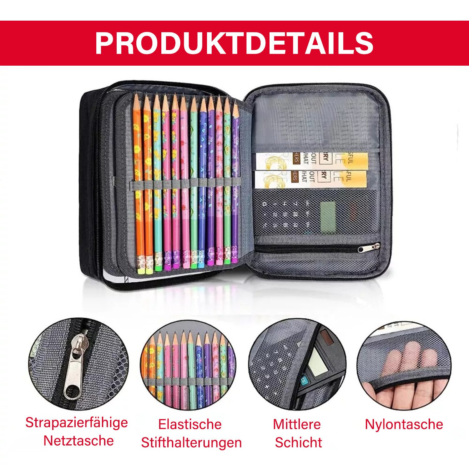 MOPUEA Federmäppchen Federmäppchen mit 72Slots &Fächern,hohe Kapazität,Bleistift-Organizer, (Große, abnehmbare Stiftemappe mit 3 Ebenen und Tragegriff, 21x6,5x16 cm, ideal für Stifte, Kosmetika oder elektronische Geräte), Robust, wasserabweisend, vielseitig, organisiert, leicht tragbar