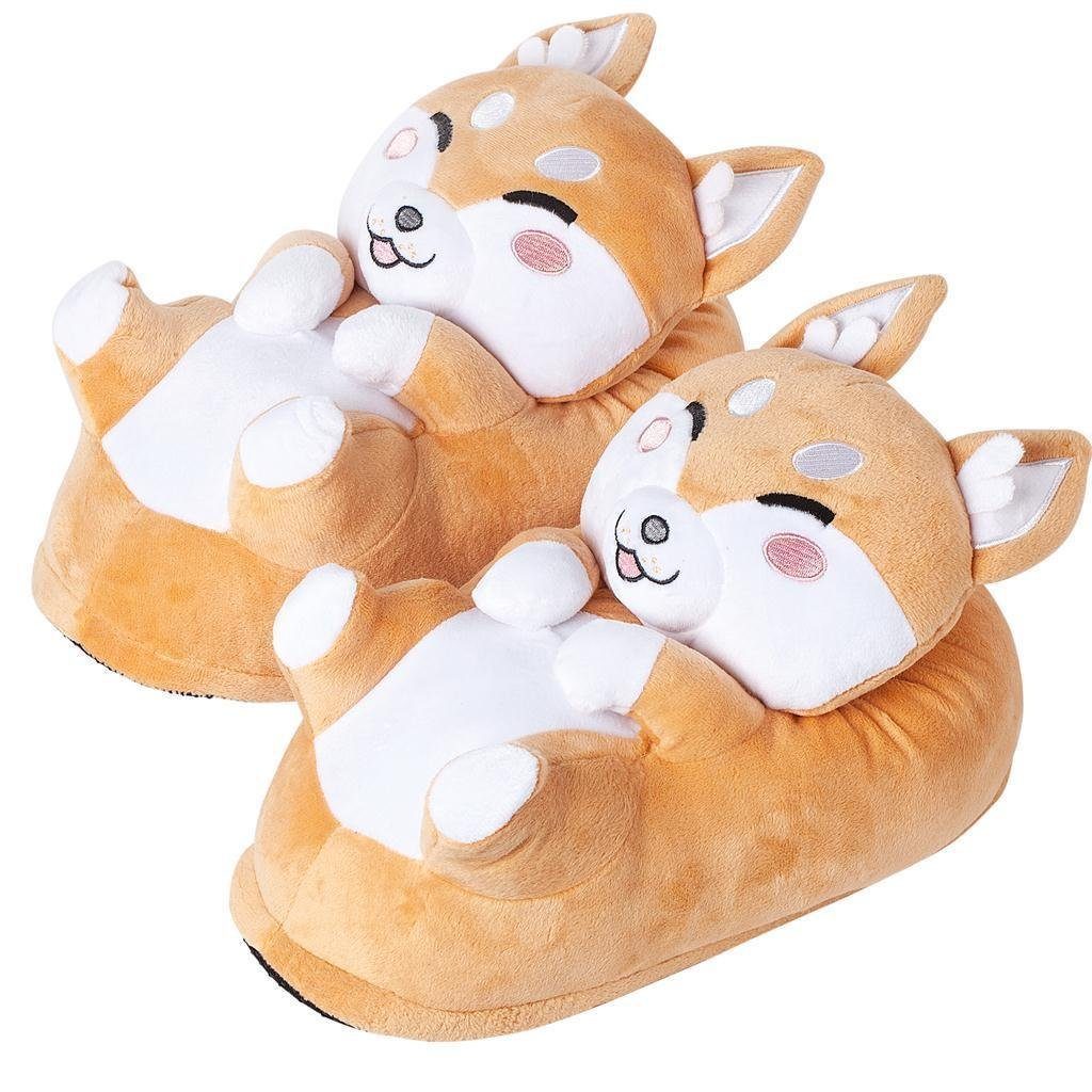 Corimori Tier Pantoffeln für Erwachsene Einheitsgröße 34-44 Plüsch Hausschuhe (Packung, Geschenk) EU Einheitsgröße 34-44, Akito der Shiba Inu, für Kinder und Erwachsene