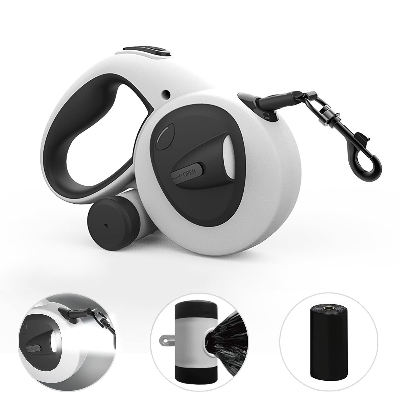 Tekoo Rollleine Hund 5m mit LED Licht & Kotbeutelspender, bis 30kg, (Packung), 4-in-1 System, Reflektierendes Band, Wiederaufladbar