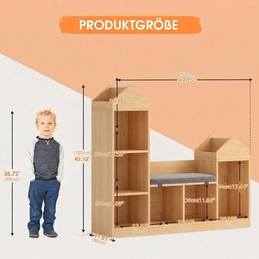 GarveeMore Kinderregal mit 6 Fächern und Sitzkissen,Burgdesign Spielzeugtruhe,121x30x107cm, Bücherregal Kinder,Standregal Spielzeug für Kinderzimmer,Schlafzimmer