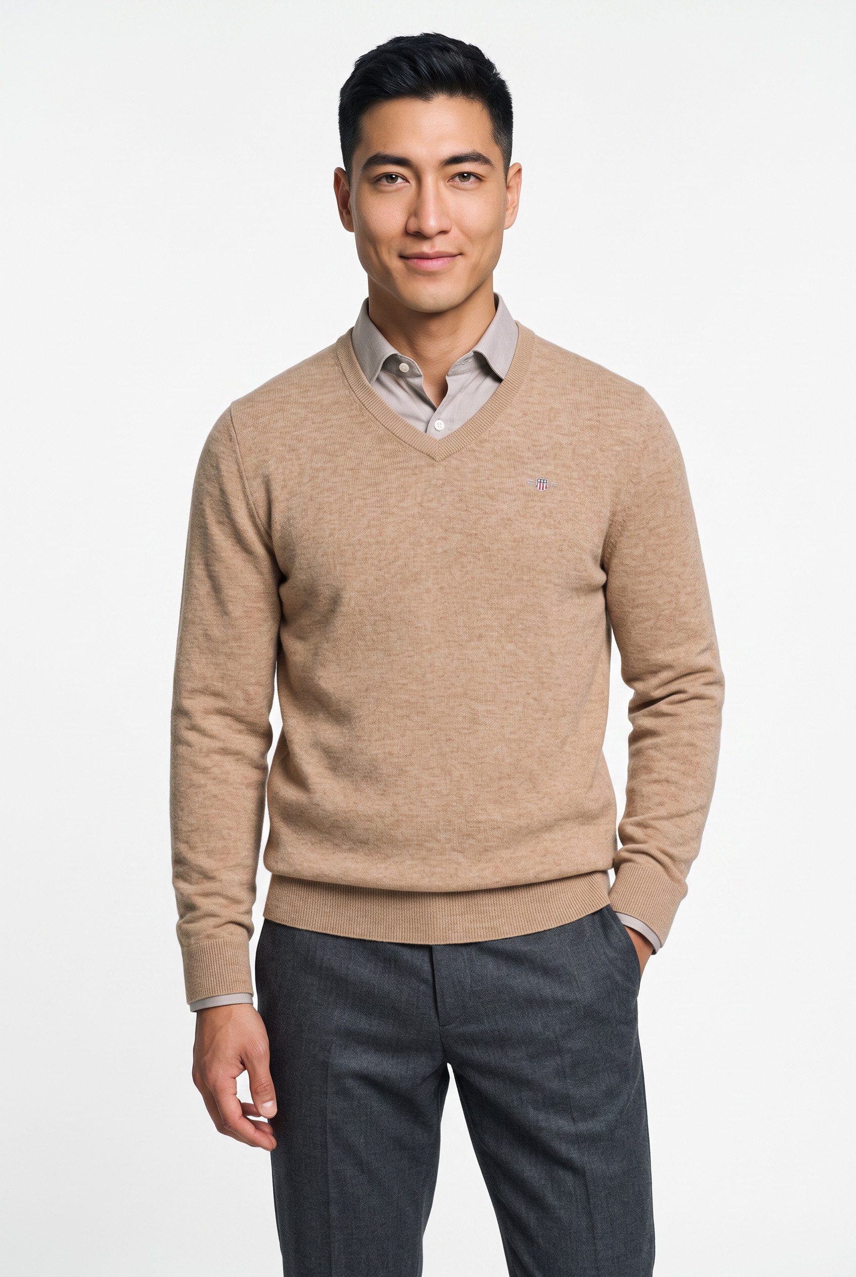 Gant V-Ausschnitt-Pullover EXTRAFINE LAMBSWOOL V-NECK mit Logostickerei