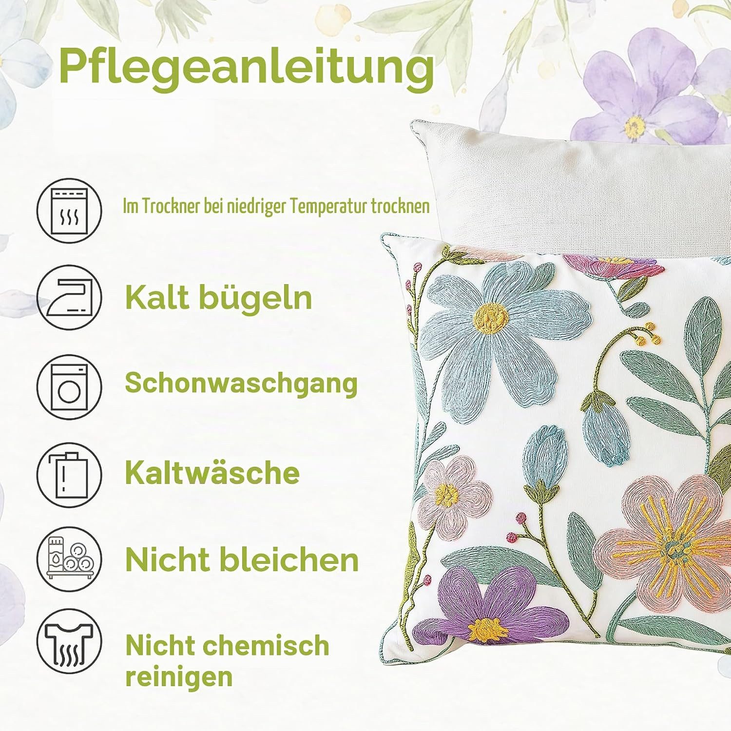 FOUORTUNATE-BEE Kissenbezüge Kissenbezüge 45x45 cm 2er Set mit bunten Blumenstickereien Deko, Dekokissenbezüge mit Blumenmuster für Sofa Bett Sessel und Bank – Bild 4 von 5