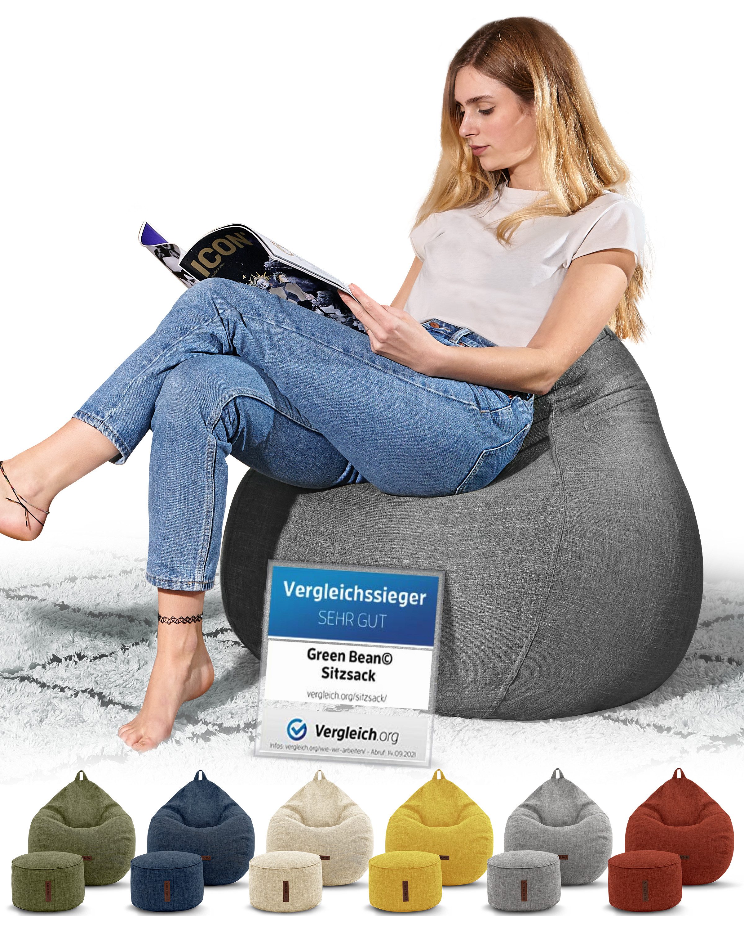 Green Bean Sitzsack Indoor Sitzsack L Home Linen + Hocker (2er Set Indoor Sitzsack 80x90x50cm + Sitzpouf 45x25cm mit EPS-Perlen Füllung -, Fußhocker Fußkissen Sitz-pouf Bodenkissen Liegekissen), Sitzkissen Lounge Chair Sitzhocker Relax-Sessel Bean Bag