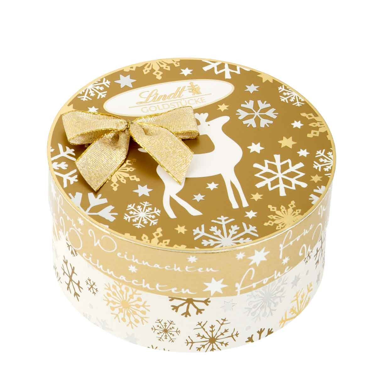 LINDT Schokolade, Lindt Goldstücke Pralines Rundschachtel Alpenvollmilchschokolade 140g